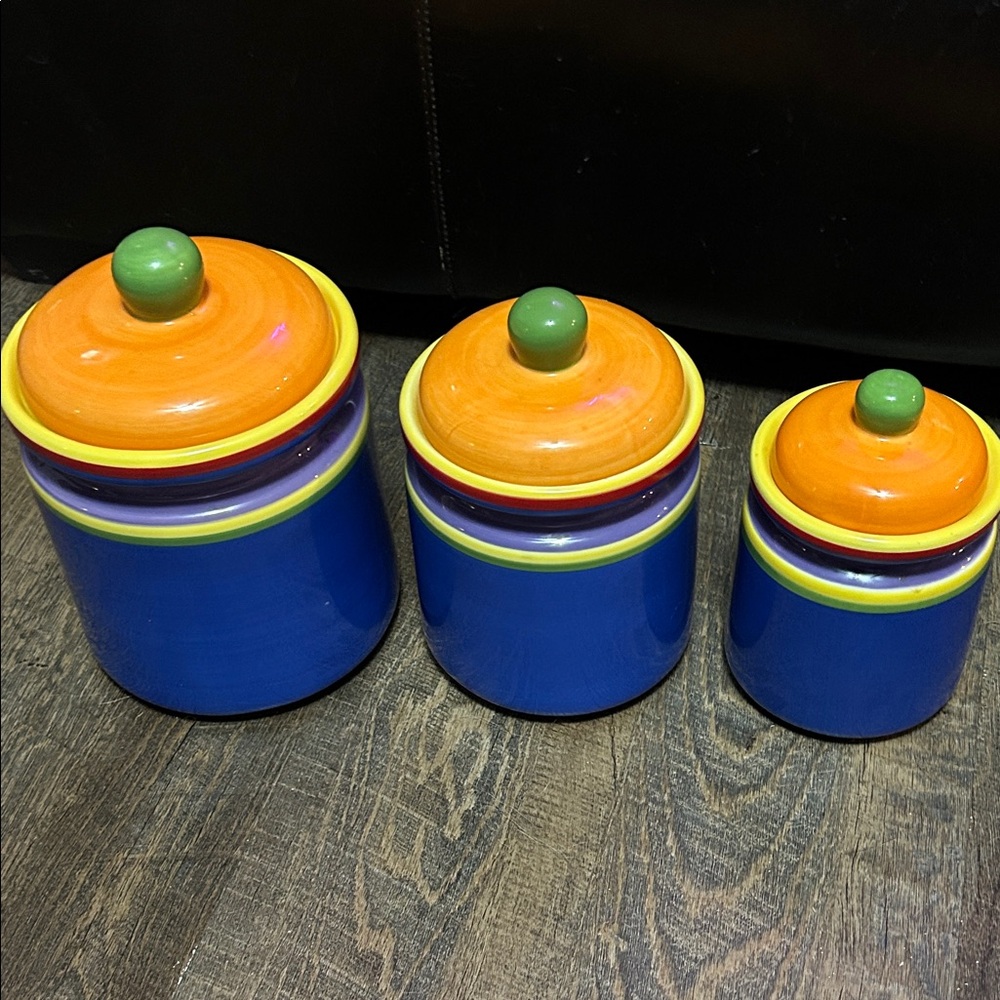 Dansk Caribe Canisters Canisters Lid Hand Painted Blue Yellow Orange‎ Purple (3)